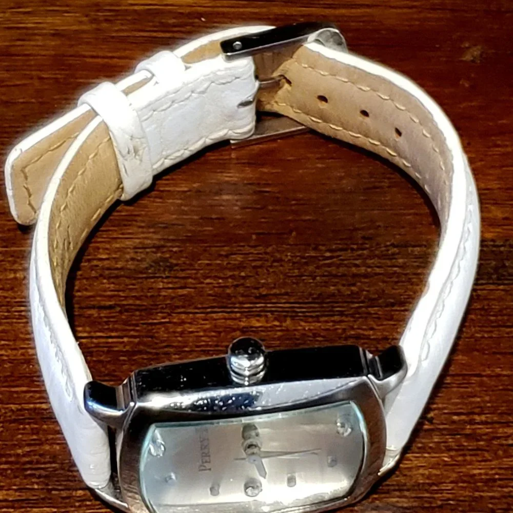 Perry Ellis White Leather Band Silver Rectangle Face Diamond Accent Wrist Watch